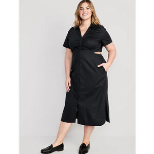 Old Navy Cutout Midi Shirt Dress Black 2X 100% Cotton Pockets Ruching Slits NWT